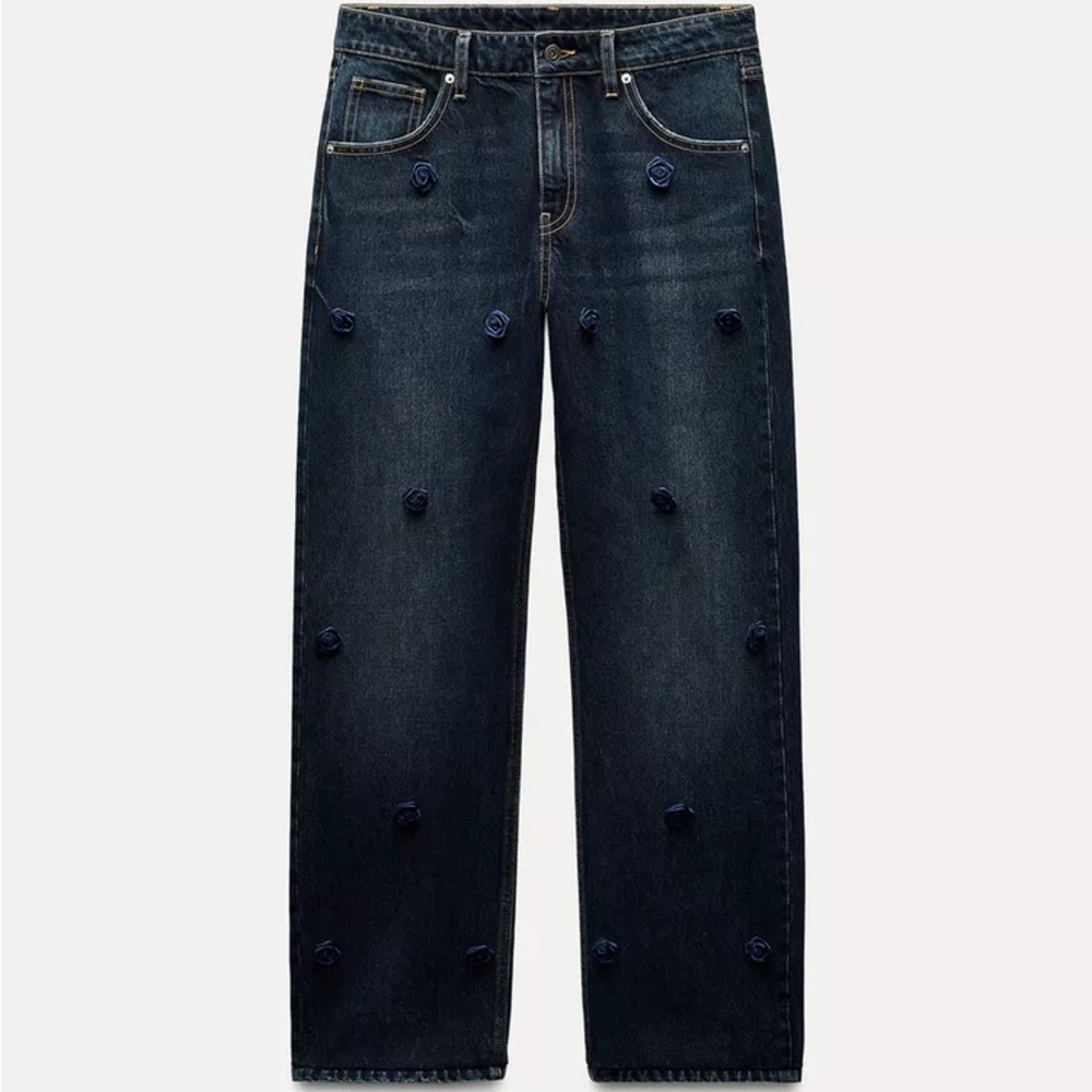 Zara Satin Effect High Waist Floral Straight Cut Jeans US 6
